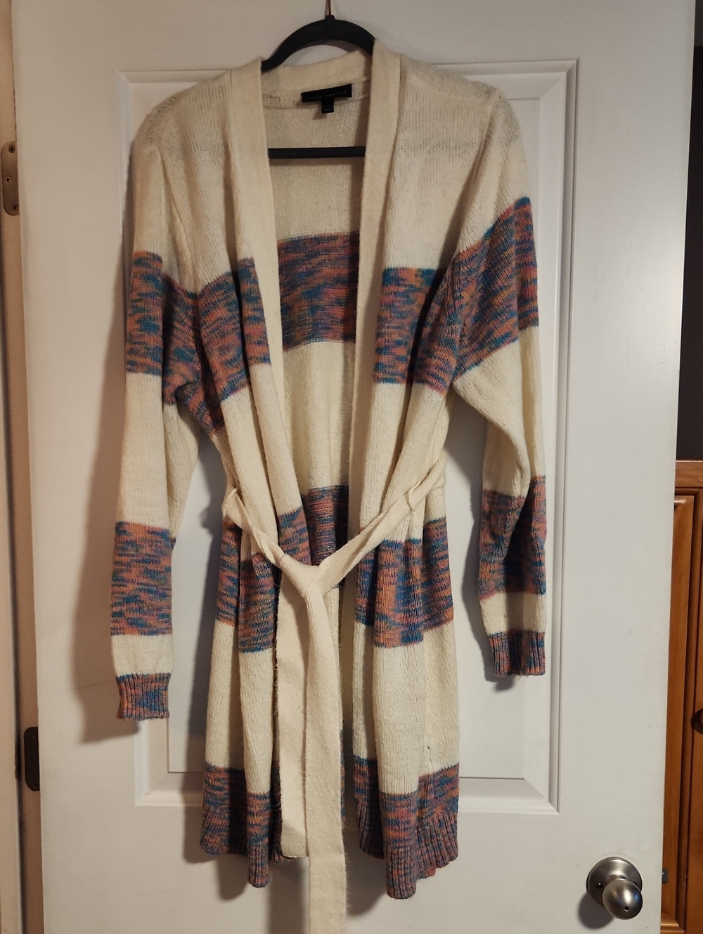 Lane Bryant Cream Open-Front Cardigan with Blue-Pink Stripes